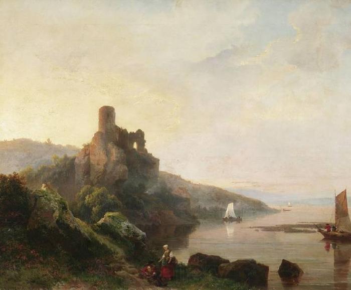 Pieter Lodewyk Kuhnen Romantic Rhine landscape with ruin at sunset. Painting France oil painting art